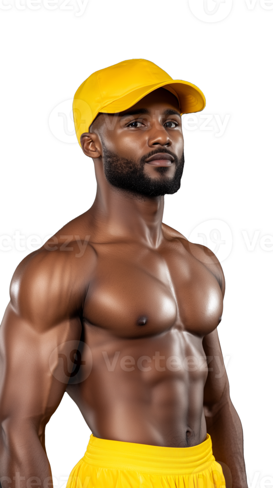Fit man wearing yellow cap and shorts posing on transparent background, showing athletic build png