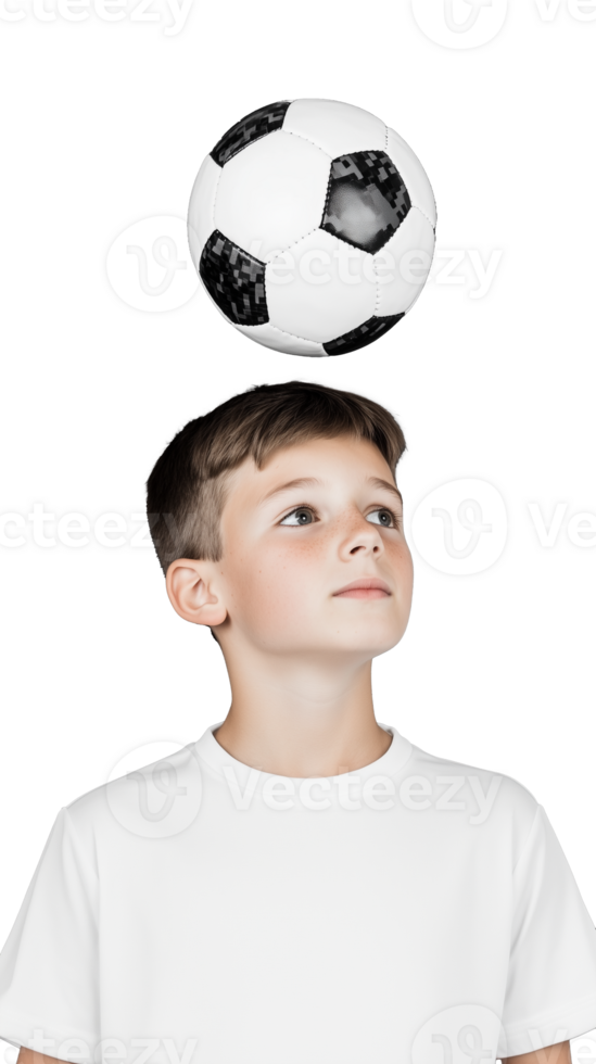 Young boy balancing soccer ball on head, looking up in white shirt on transparent background png