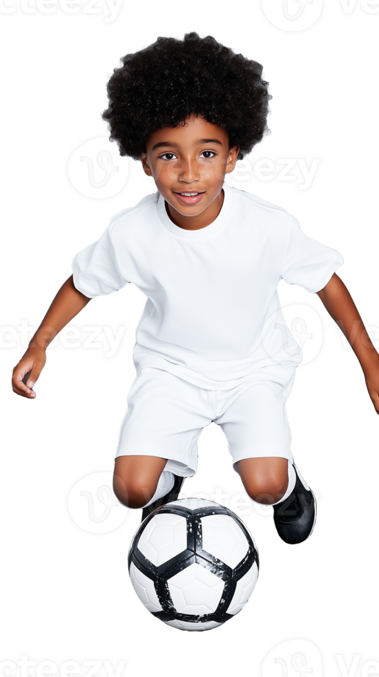 Young boy in white sportswear playing soccer with ball on transparent background, running forward png