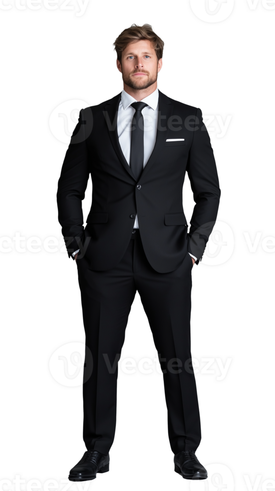 Confident man in black suit standing with hands in pockets on transparent background png