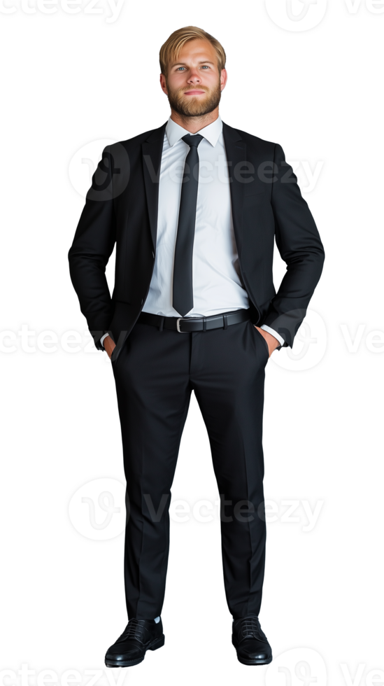 Businessman in black suit standing with hands on hips on transparent background png