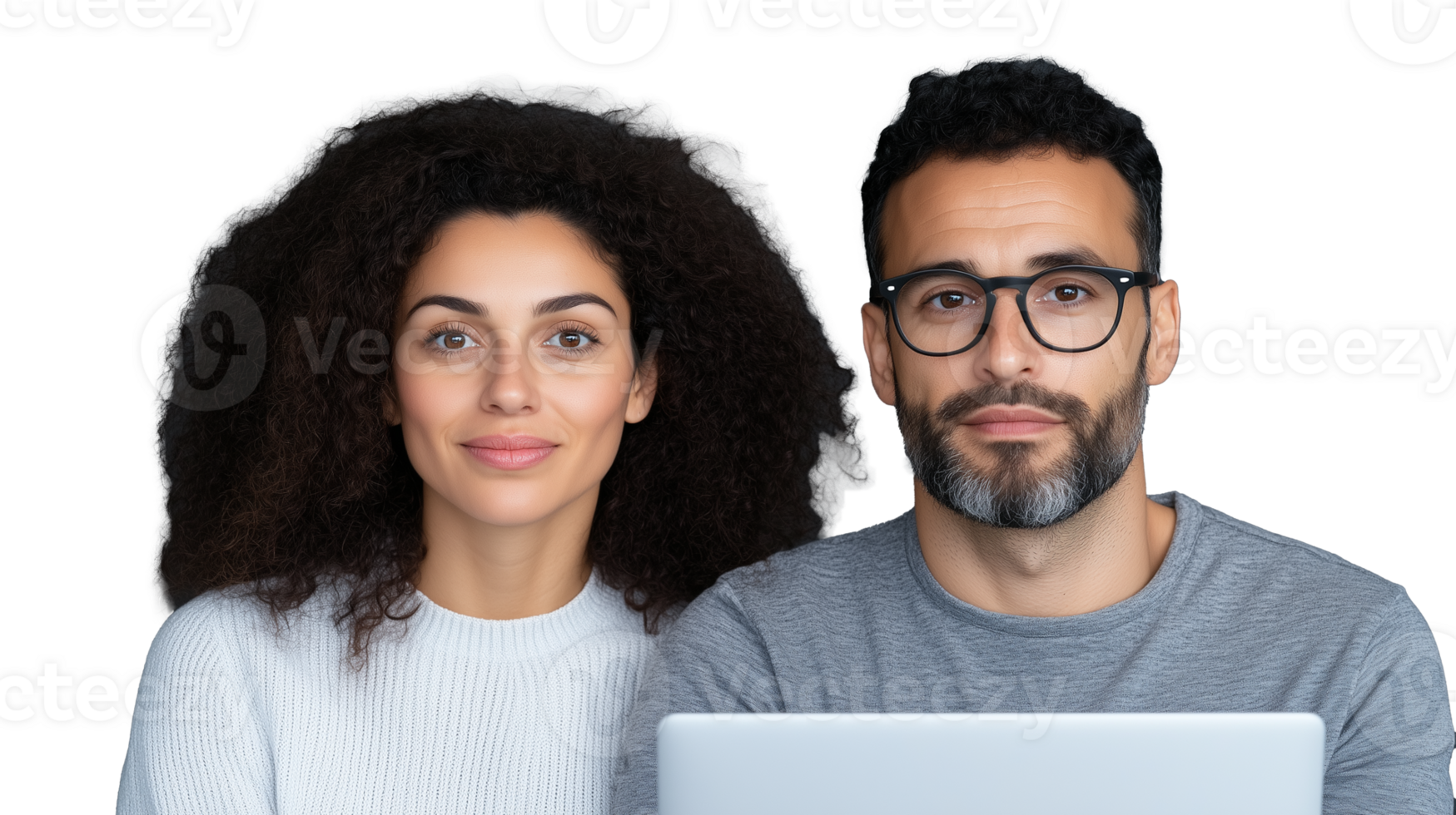 Serious man and woman working on laptops, side by side on transparent background png