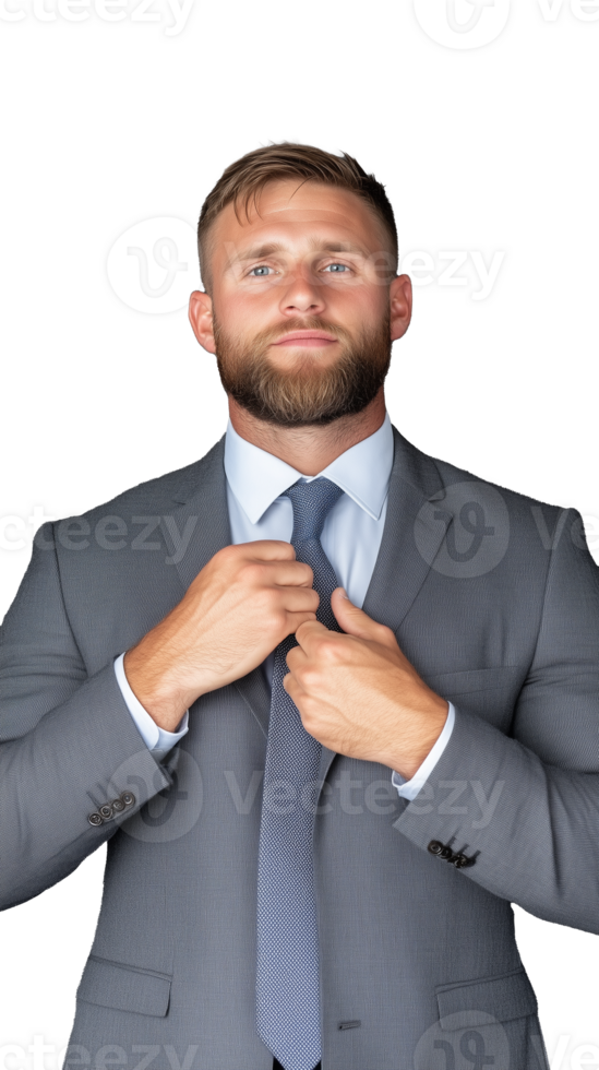 Confident businessman adjusting tie in gray suit on transparent background, preparing for meeting png
