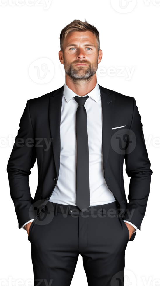 Businessman in black suit with open jacket, hands in pockets on transparent background png