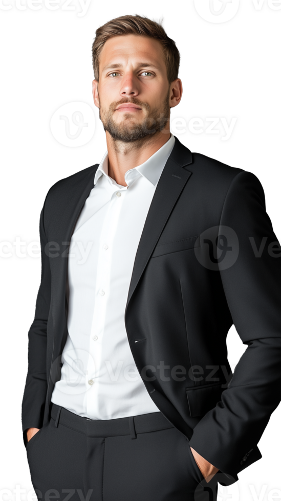 Confident businessman posing in black suit with one hand in pocket on transparent background png