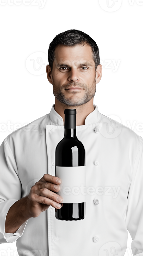 Male sommelier in chef uniform holding bottle of wine on transparent background png