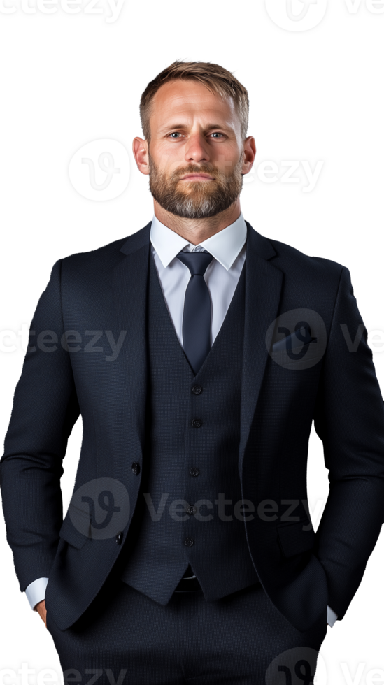 Professional businessman in black suit and vest standing confidently on transparent background png