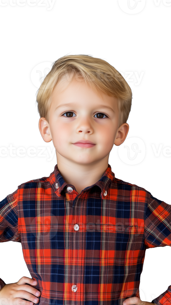 Young boy in red plaid shirt with hands on hips, confident expression on transparent background png