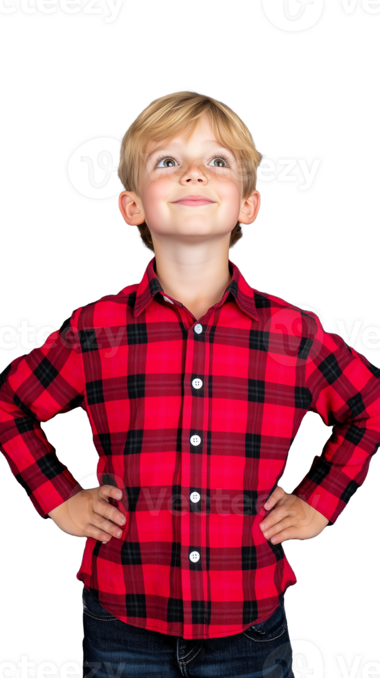 Smiling boy in red checkered shirt standing confidently with hands on hips on transparent background png
