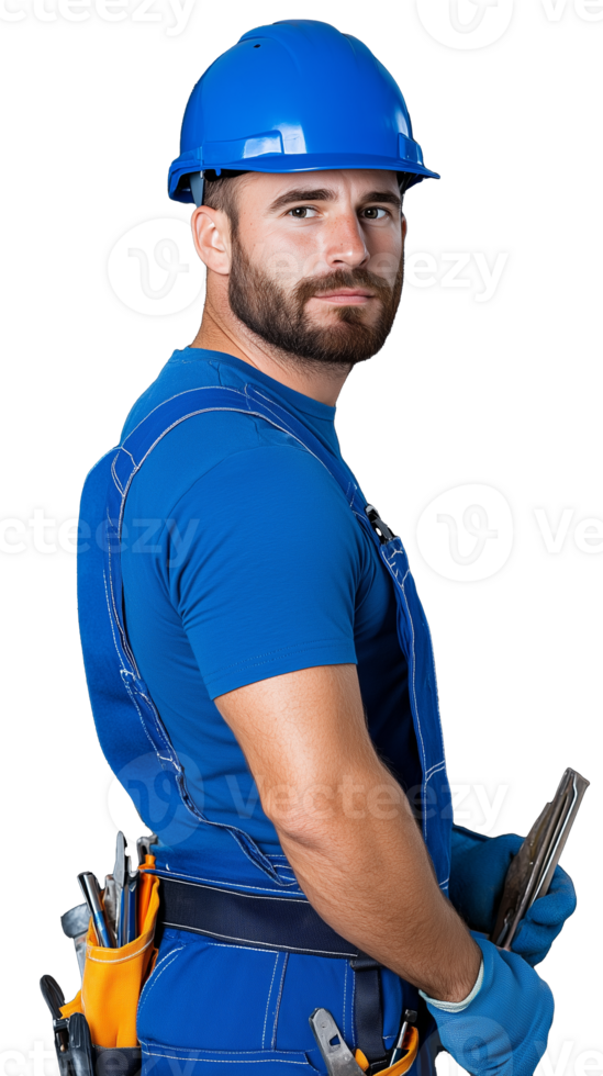 Confident construction worker in blue uniform holding tools, looking over shoulder on transparent background png