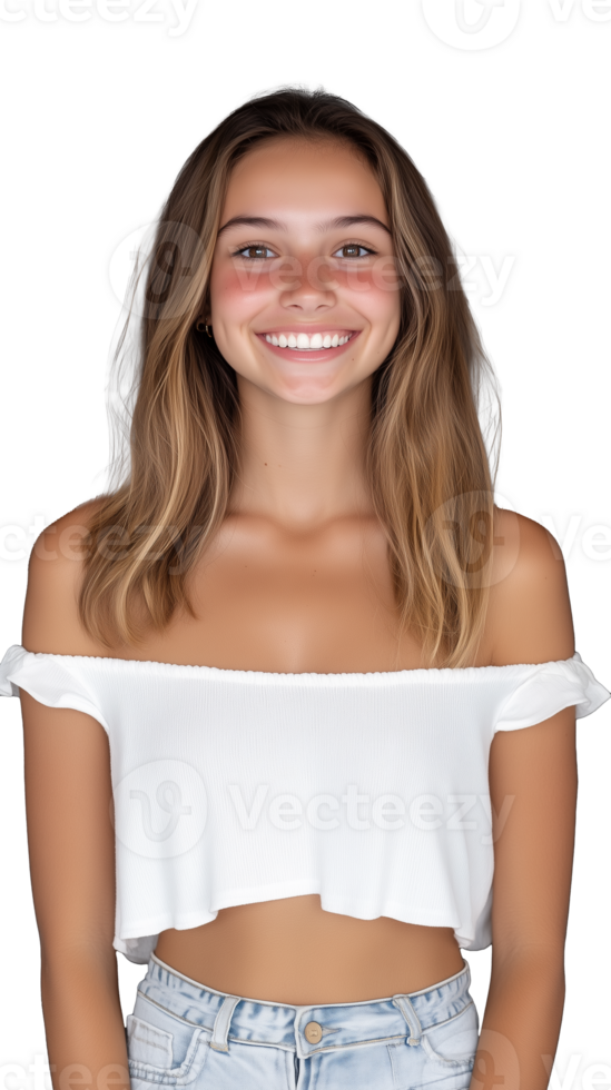 Smiling young woman in casual white top standing confidently on transparent background png