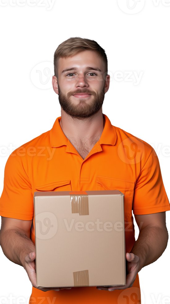 Delivery man in orange shirt holding cardboard boxes, smiling confidently on transparent background png