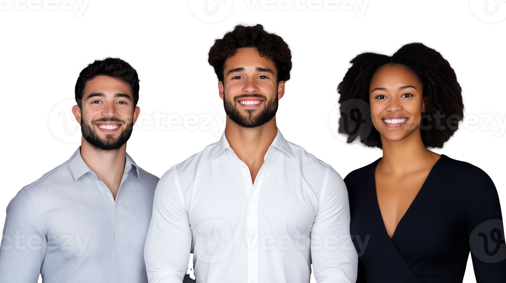 Group of three diverse young people smiling, standing side by side on transparent background png