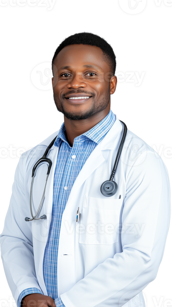 Confident male doctor with stethoscope, smiling in medical uniform on transparent background png