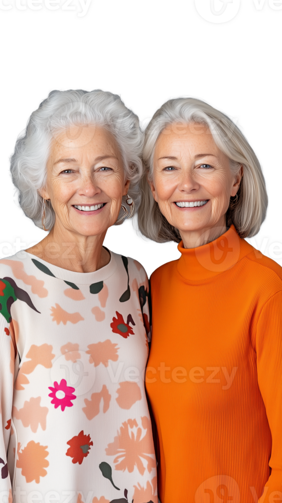 Two elderly women smiling, wearing colorful sweaters and standing side by side on transparent background png