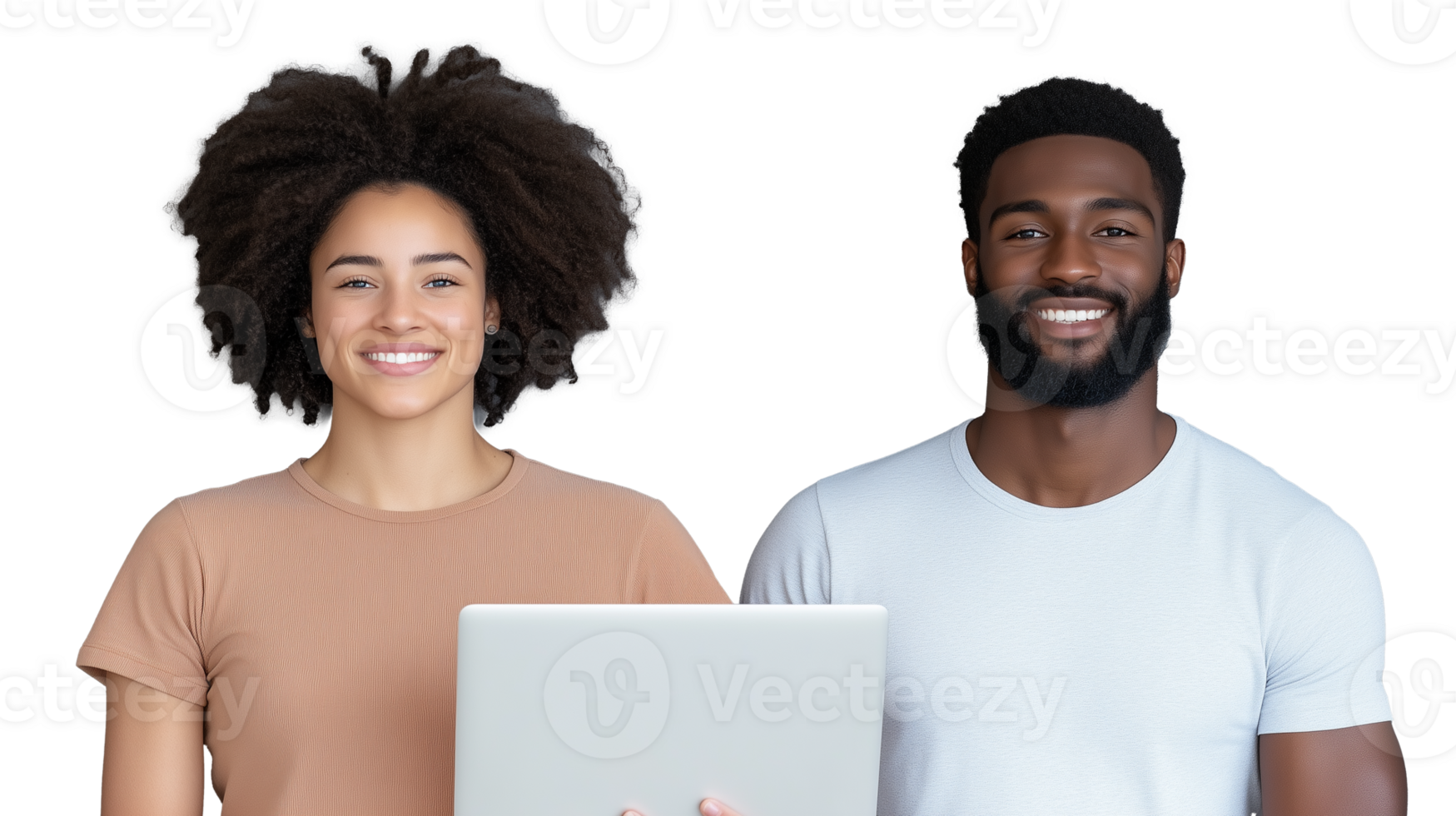 Smiling young couple, one man and one woman, holding laptop on transparent background png