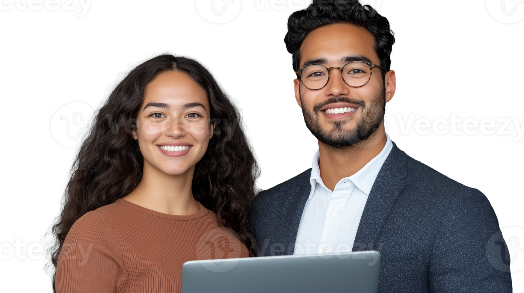 Young man and woman smiling with laptop, standing together on transparent background png