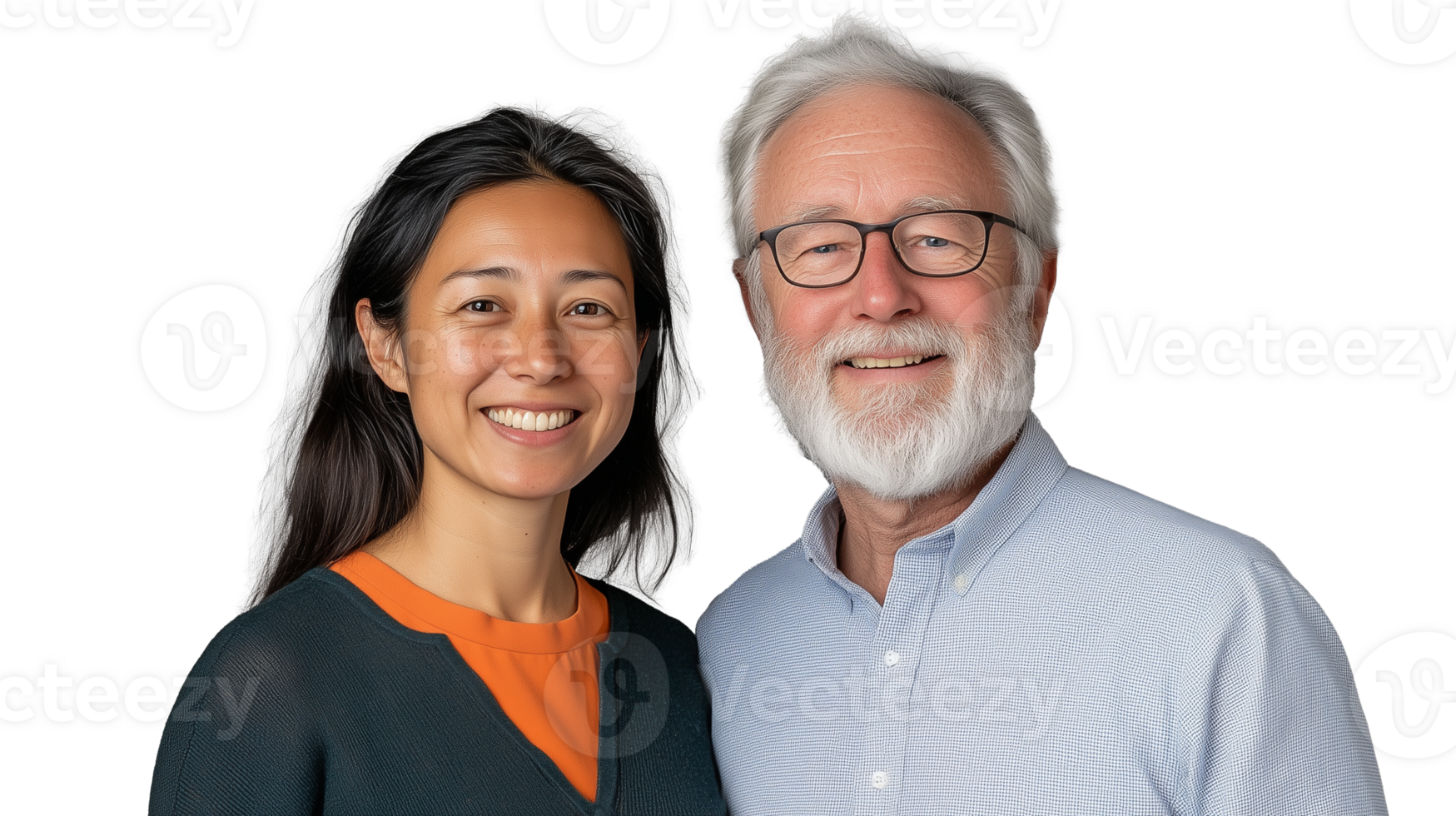 Older man and young woman smiling together, standing side by side on transparent background png