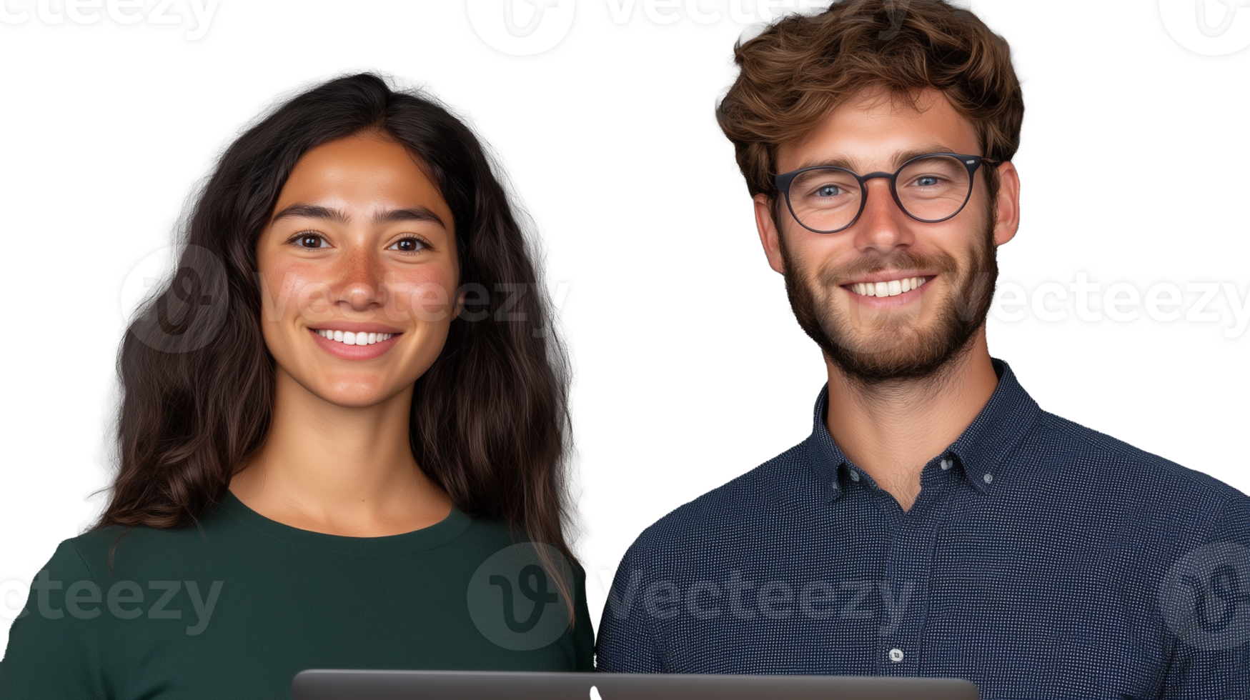 Smiling young couple with laptop, standing side by side on transparent background png