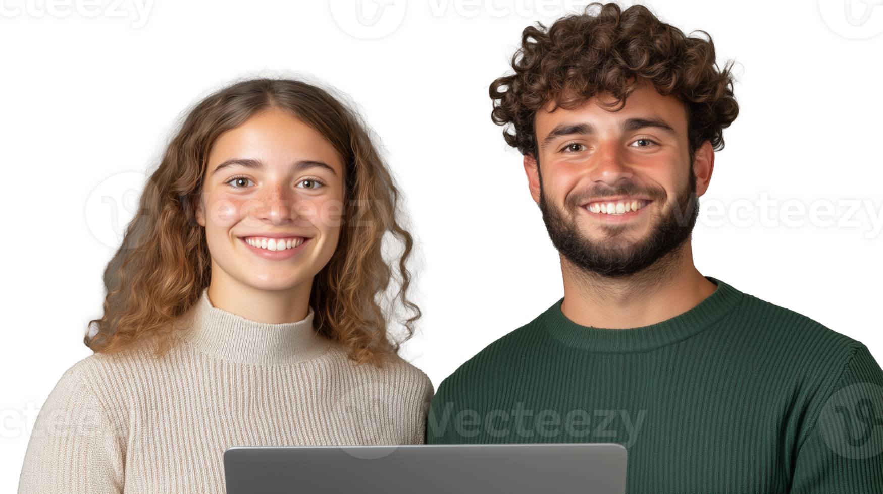 Young woman and man smiling while working on laptop together on transparent background png