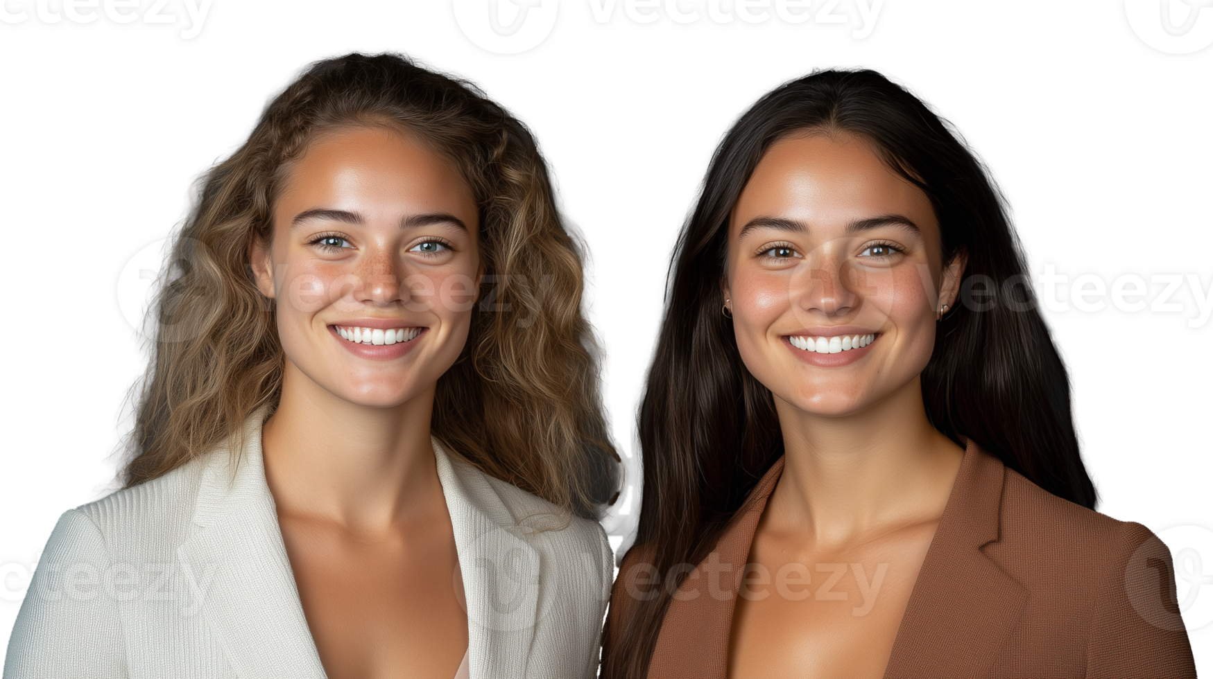 Two young professional women smiling confidently, dressed in business attire on transparent background png