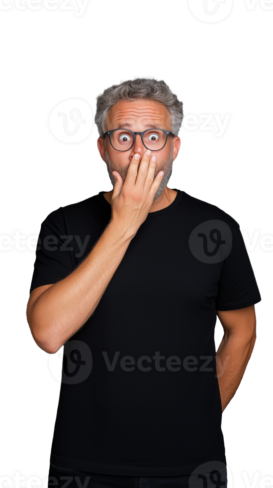 Surprised older man covering mouth in black shirt on transparent background png