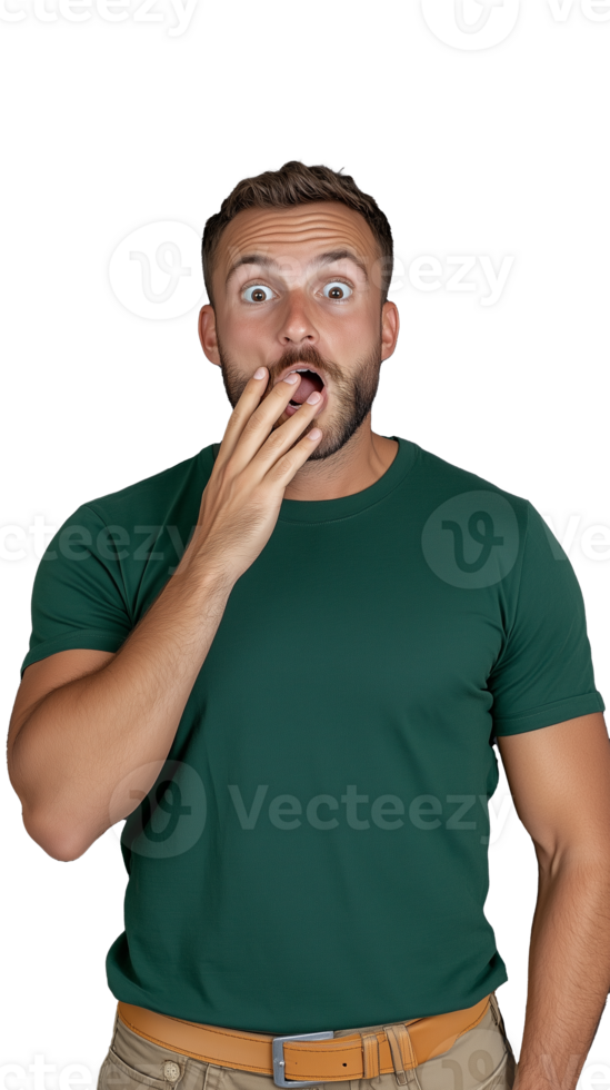 Man in green shirt with surprised expression, covering mouth on transparent background png
