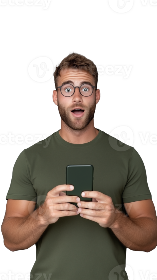 Surprised young man in green shirt holding smartphone on transparent background png