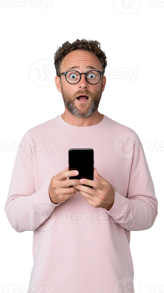 Man in pink sweater with shocked expression holding smartphone on transparent background png