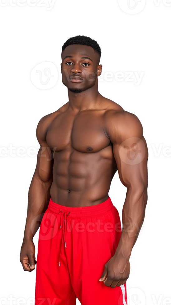 Muscular man in red shorts posing confidently on transparent background png