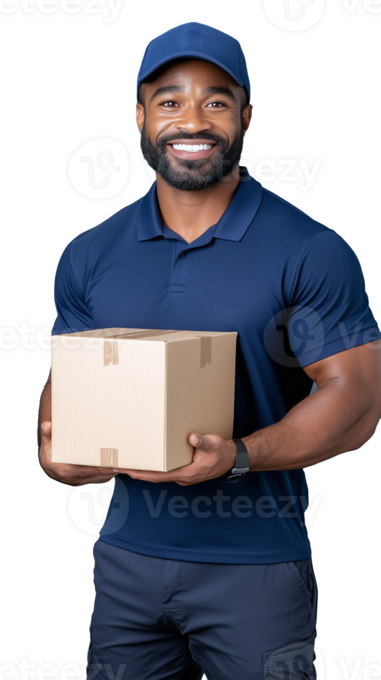 Smiling delivery worker in blue shirt holding cardboard box on transparent background png