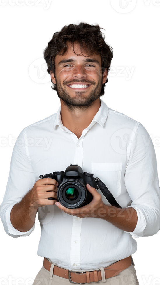 Smiling young man holding camera, dressed in white shirt on transparent background png