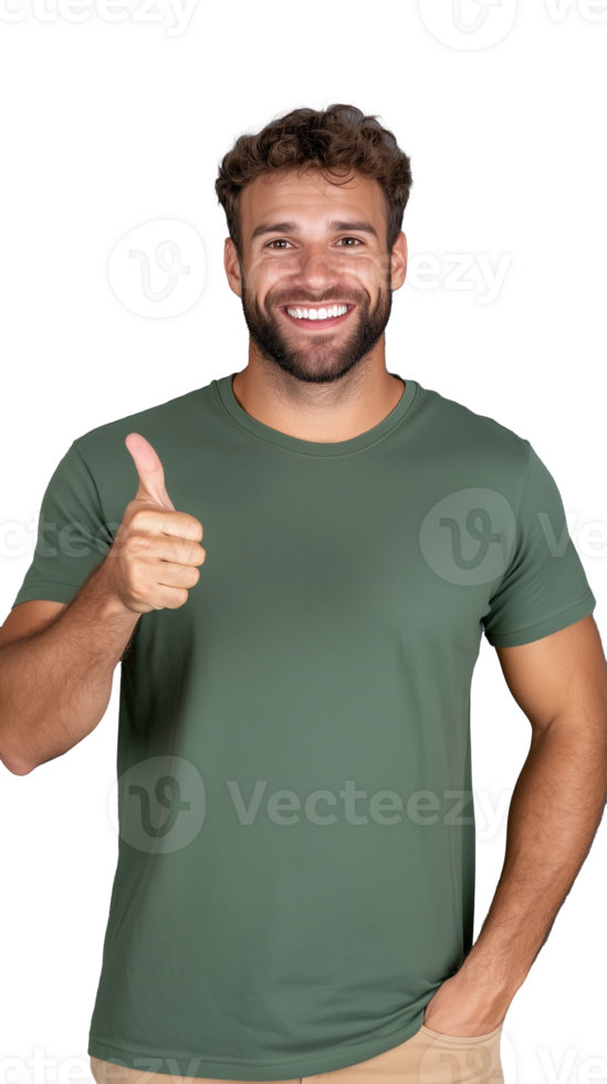 Happy man in green shirt giving thumbs up on transparent background png
