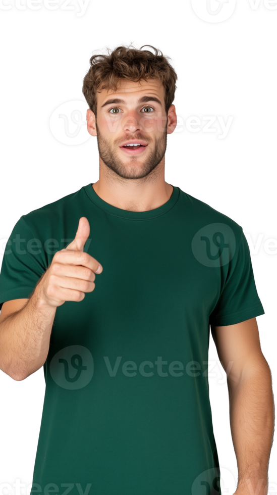 Young man in green shirt smiling and giving thumbs up on transparent background png