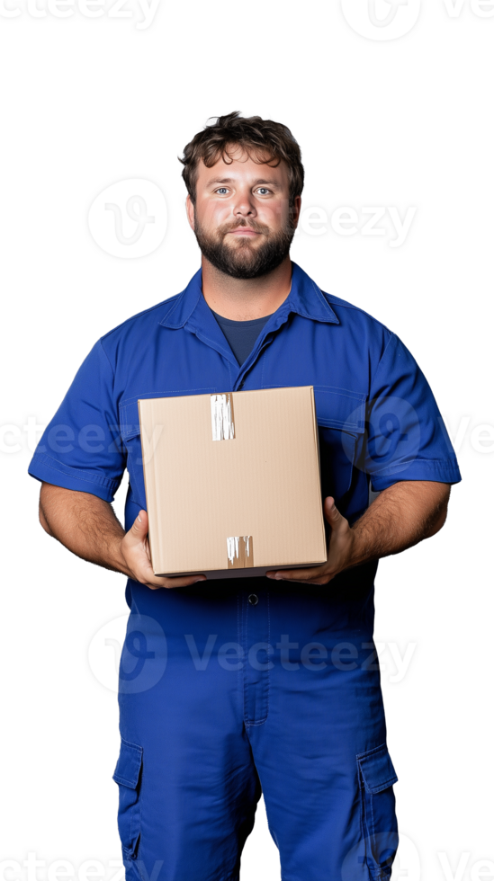 Man in blue uniform holding cardboard box, confident expression on transparent background png