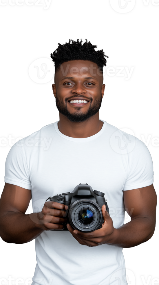 Smiling man holding professional camera, dressed in white on transparent background png