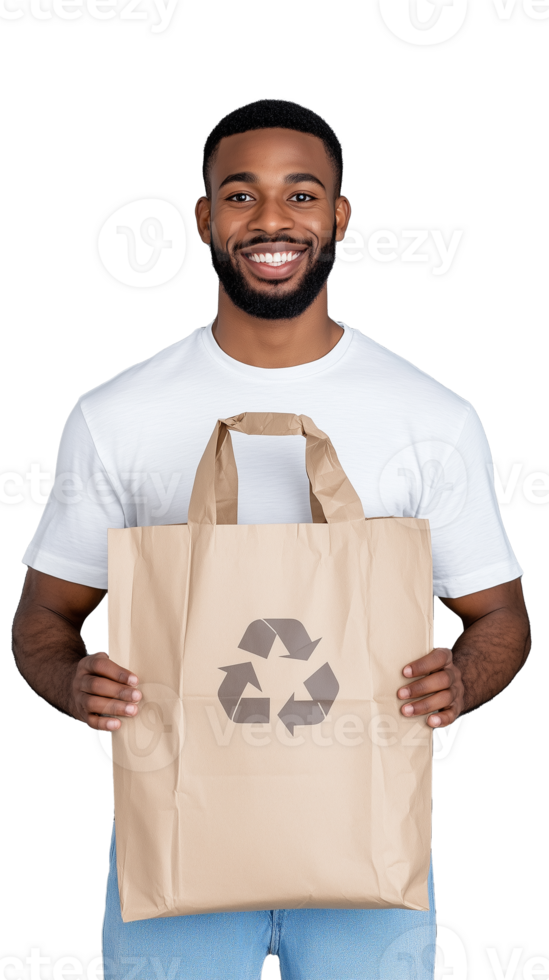 Smiling man holding brown paper bag with recycling symbol on transparent background png