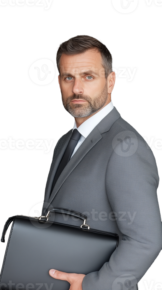Confident businessman in gray suit holding briefcase, looking serious on transparent background png