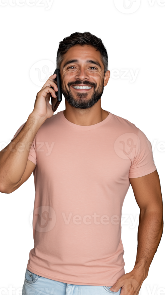 Happy man holding phone, smiling and talking casually on transparent background png