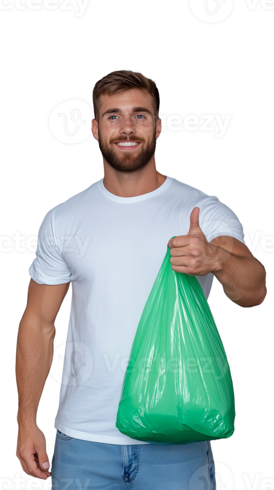 Smiling man holding green recycling bag with thumbs up on transparent background png