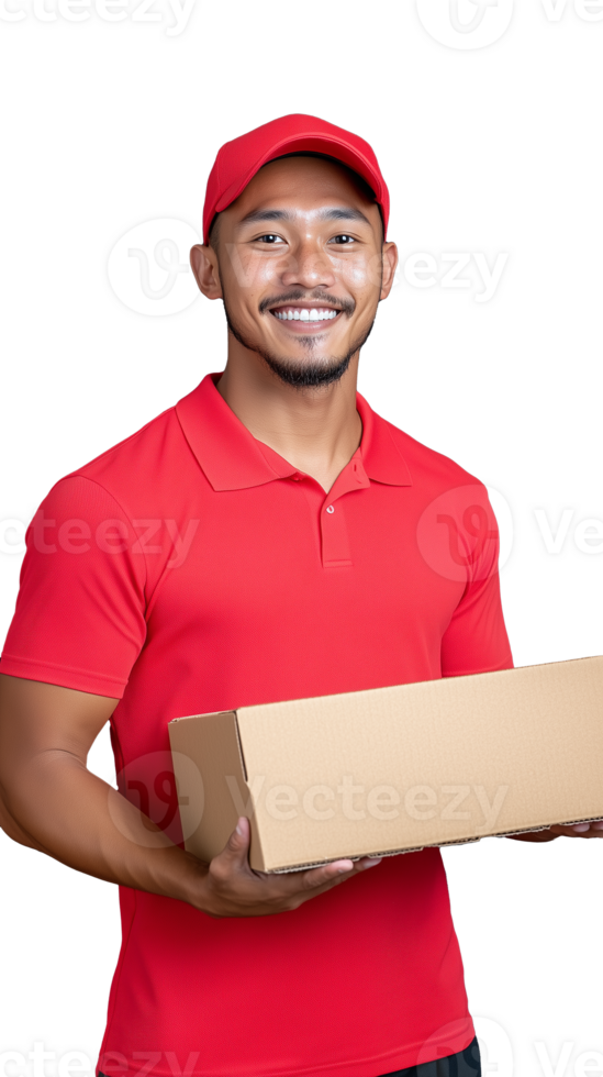 Happy delivery man in red shirt holding cardboard box on transparent background png