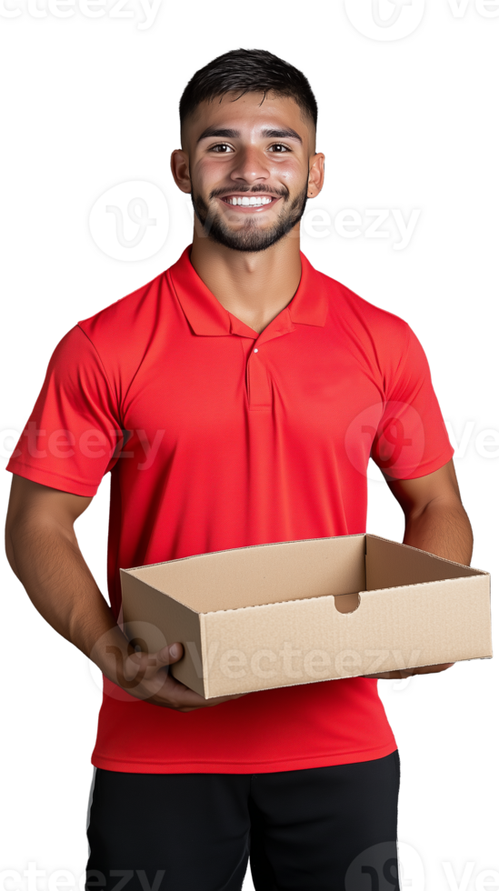 Smiling man in red shirt holding pizza box on transparent background png