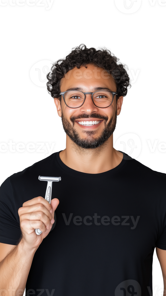 Smiling man holding razor in black shirt on transparent background png