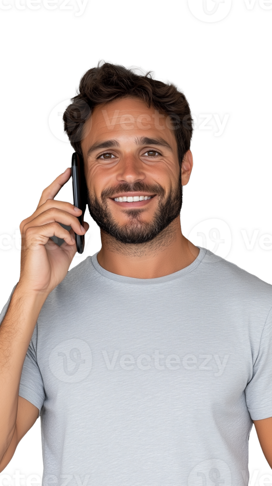 Smiling man talking on phone, casual outfit on transparent background png