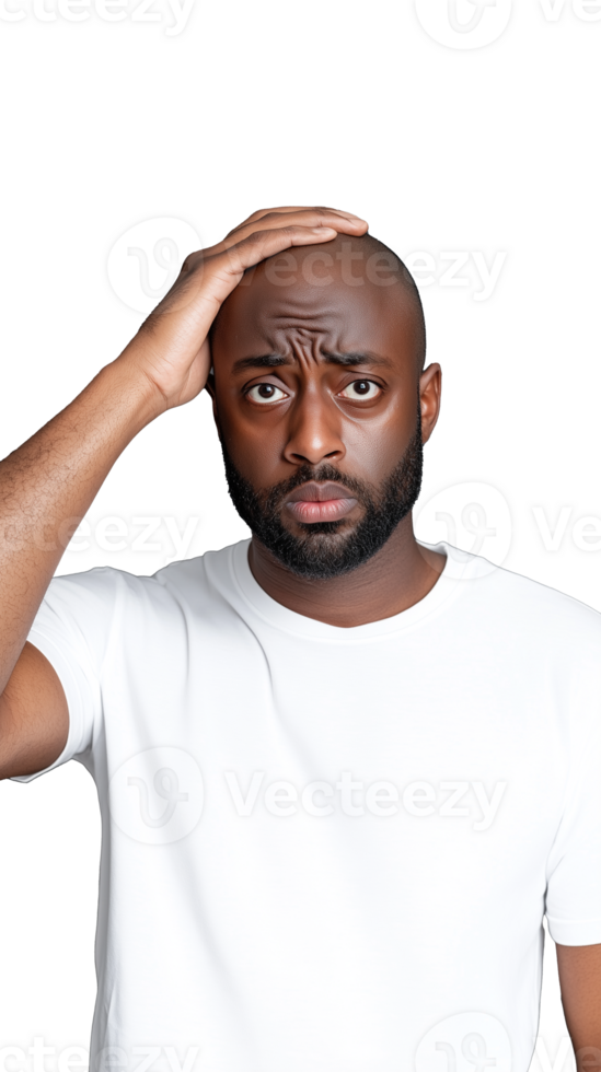 Concerned man in white shirt scratching head in confusion on transparent background png
