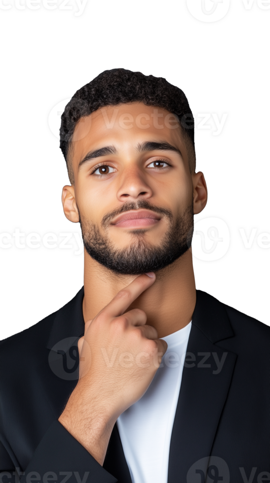Young man in black suit looking thoughtful with hand on chin on transparent background png