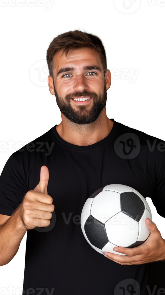 Smiling man holding soccer ball and giving thumbs up on transparent background png