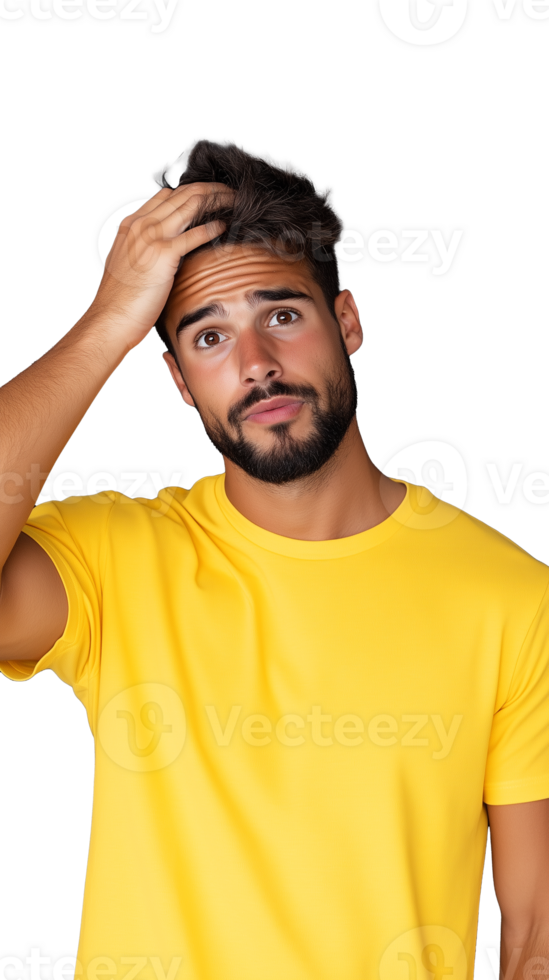 Man in yellow shirt scratching head and looking confused on transparent background png