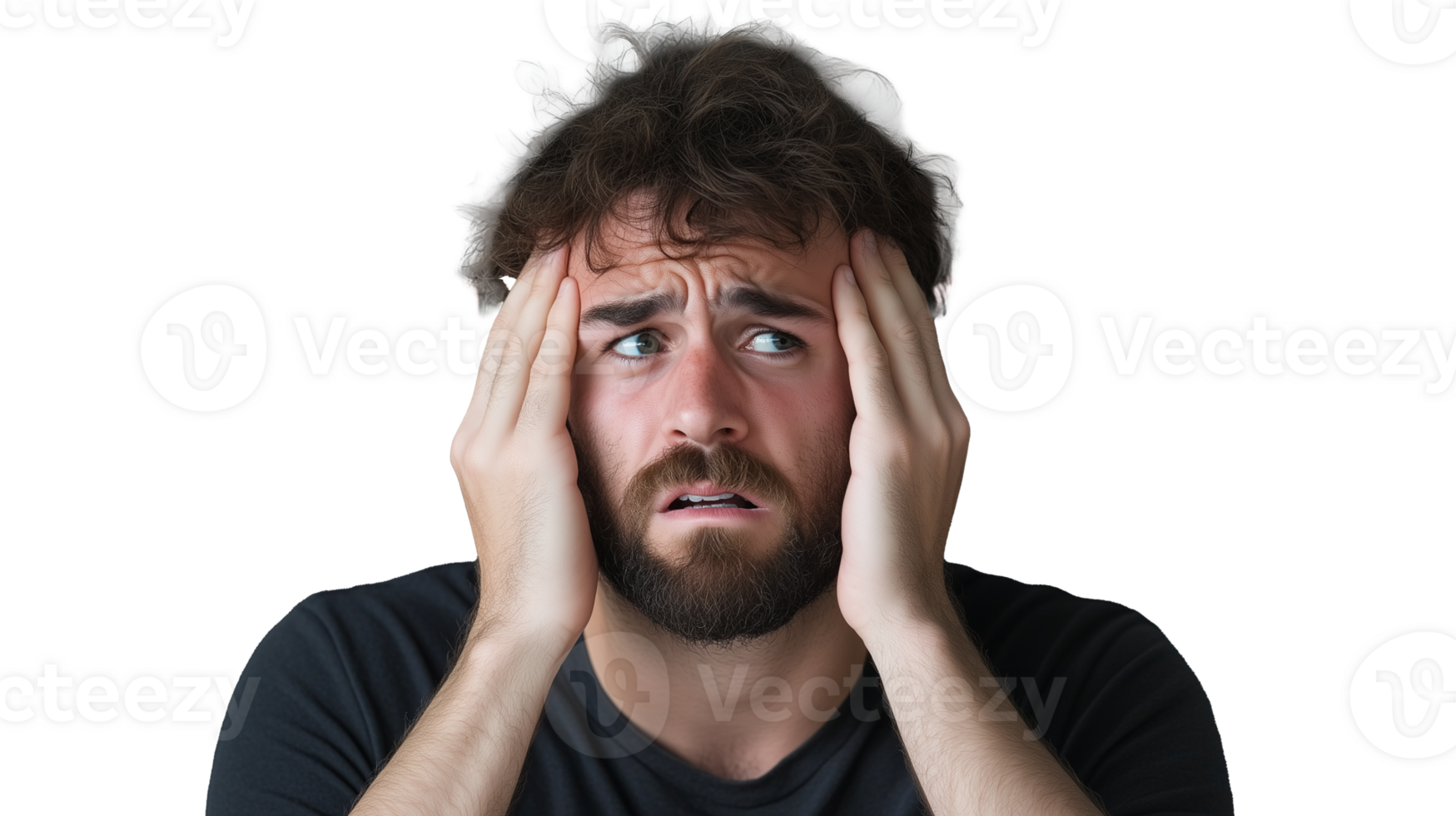 Worried man holding head with both hands and looking stressed on transparent background png