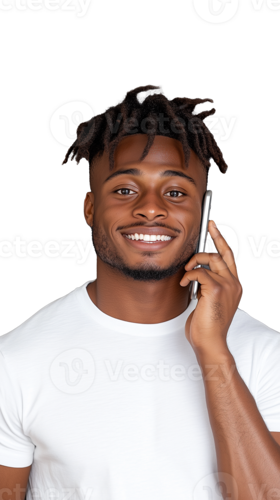 Smiling man talking on smartphone in white shirt on transparent background png
